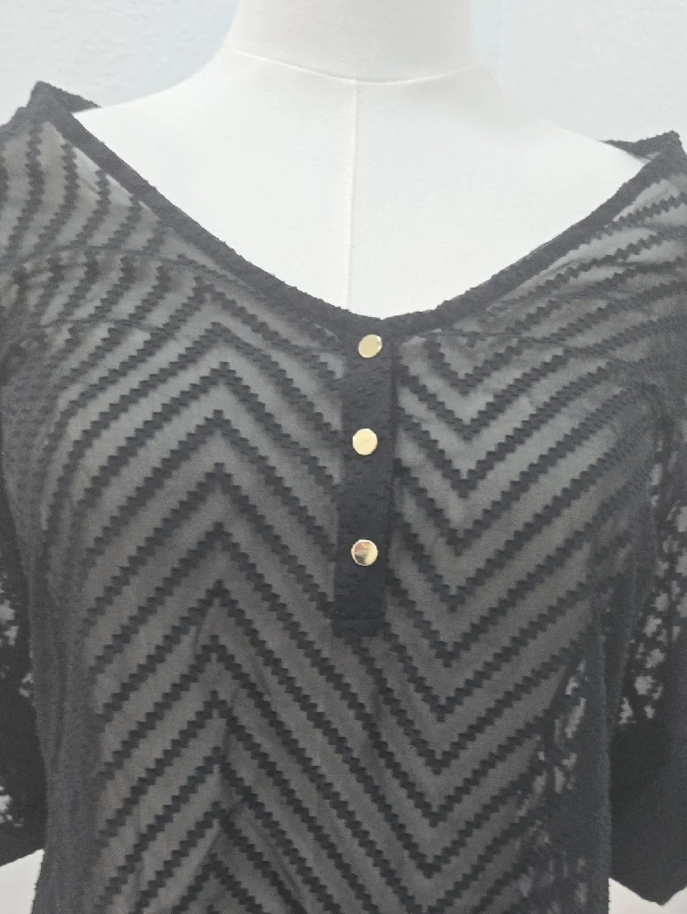bebe Black Sheer Chevron Top with Gold Buttons - Picture 8 of 8